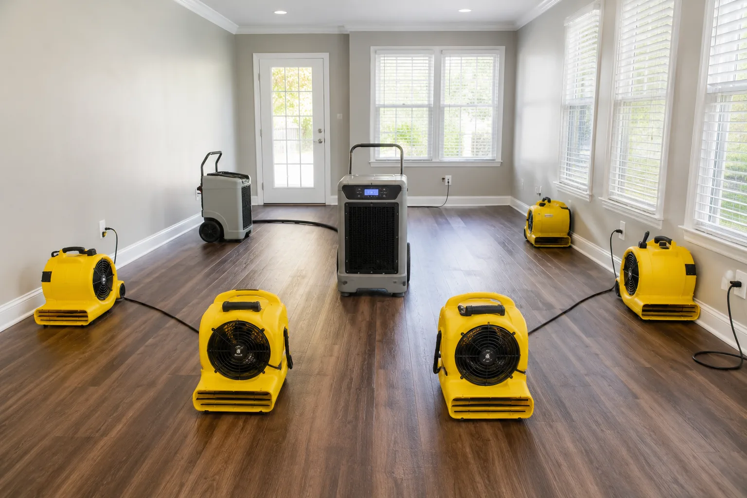 Industrial air movers and dehumidifiers drying a Pueblo home after water damage